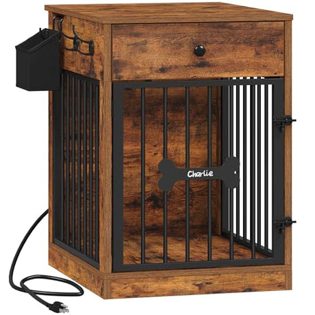 Hzuaneri 24'' Dog Crate Furniture with Charging Station, Dog Kennel Indoor with Flip-Top Storage, Wooden Pet Cage Dogs House End Side Table for Small Dogs Anti-Chew Anti-Escape, Rustic Brown DFC90101B Hzuaneri