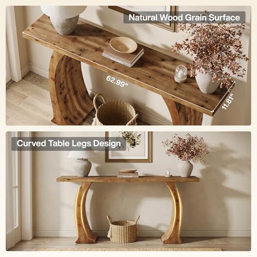 Tribesigns 63" Farmhouse Console Table for Living Room, Rustic Entryway Table with Curved Legs, Vintage Brown Tribesigns