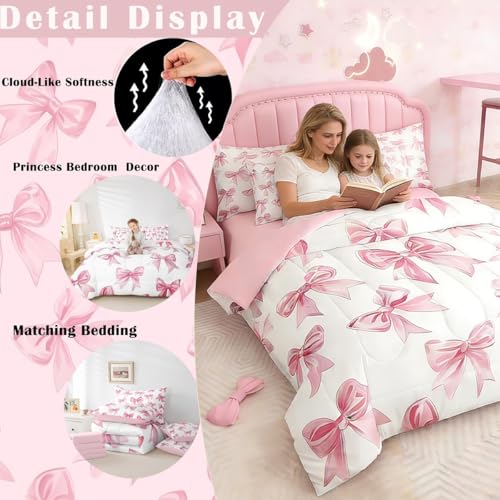 Erosebridal Kawaii Bowknot Girls Bed in A Bag with Sheets Dreamy Princess Style Queen Comforter Set 7 Piece for Kids Teen Women,Girly Cute Bow Bedding Set Pink Bow Tie Bed Set Bedroom Decor Erosebridal