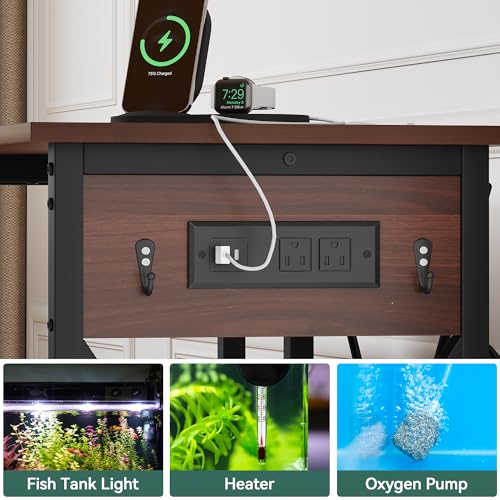 YITAHOME 10-29-37 Gallon Fish Tank Stand with Power Outlet, 30x16 Inch Metal Aquarium Stand with 3-Tier Adjustable Storage Shelves and Hooks, 450LBS Capacity, Rustic Brown YITAHOME