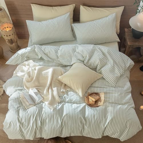 MooMee Striped Duvet Cover Set 100% Washed Cotton Linen Like Textured Breathable Durable Soft Comfy (Sage Green White Classic Stripes, Queen 90"x90") MooMee