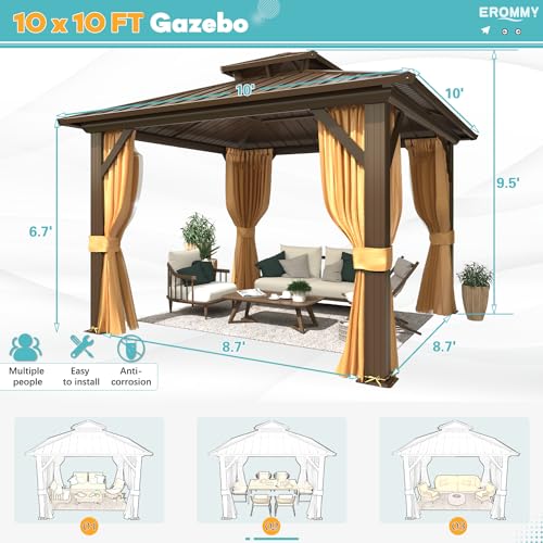 EROMMY 10' x 10' Hardtop Gazebo, Galvanized Steel Double Roof Gazebo with Aluminum Frame, Permanent Outdoor Metal Pavilion with Curtain and Netting for Patio, Lawn and Garden - WoodArtSupply