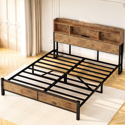 AWQM Queen Size Bed Frame with Storage Headboard, Wood Queen Platform Bed Frame with Charging Station,Solid and Stable,Noise Free, No Box Spring Needed, Vintage Brown