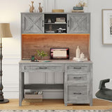 Farmhouse 67" H Executive Desk with Hutch,Office Desk with 4 Drawers and LED light, Wood Workstation for Home Office and Study, Computer Desk with Storage Cabinet,File Drawers, Charging Station.Gray Halitaa