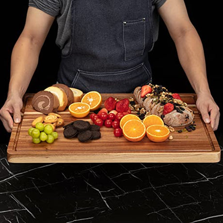 Extra Large Acacia Wood Cutting Board, 24x18 Inch Large Butcher Block Chopping Board with Handle and Juice Groove, Carving Board for Turkey, Meat, Fashionwu