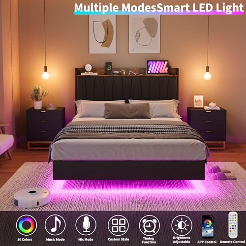 Garvee King Size Floating Bed Frame with LED Lights and Storage Headboard, King Upholstered Metal Platform Bed with Charging Station, Linen Fabric, No Box Spring Needed, Easy Assembly, Black Garvee