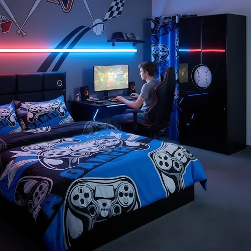 Erosebridal Twin Comforter Set for Boys Girls Kids, Gamer Comforter Set for Boys Teens, Gaming Console Bedding Decor Blue Black 2Pcs Erosebridal