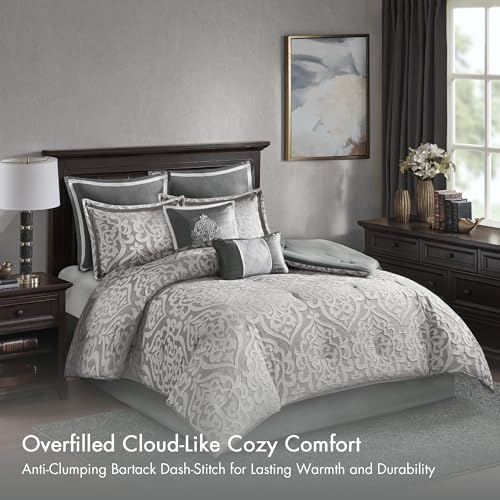 Madison Park Odette Cozy Comforter Set Jacquard Damask Medallion Design - Modern All Season, Down Alternative Bedding, Shams, Decorative Pillows, King(104 in x 92 in), Silver 8 Piece Madison Park