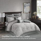 Madison Park Odette Cozy Comforter Set Jacquard Damask Medallion Design - Modern All Season, Down Alternative Bedding, Shams, Decorative Pillows, Queen(90 in x 90 in), Silver 8 Piece Madison Park