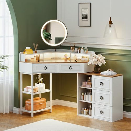 Lvifur Corner Vanity Desk with Mirror and Lights,White Corner Makeup Vanity with Charging Station, 3 Color Led Light Settings, 5 Drawers, and Open Shelves for Bedroom, Women, and Girls Lvifur