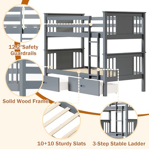 FUQARHY Bunk Bed Twin Over Twin with Storage Drawers, Gray Convertible Wood Twin Bunk Beds with Ladder and Safety Guardrail, No Box Spring Needed (Blue-Gray) FUQARHY