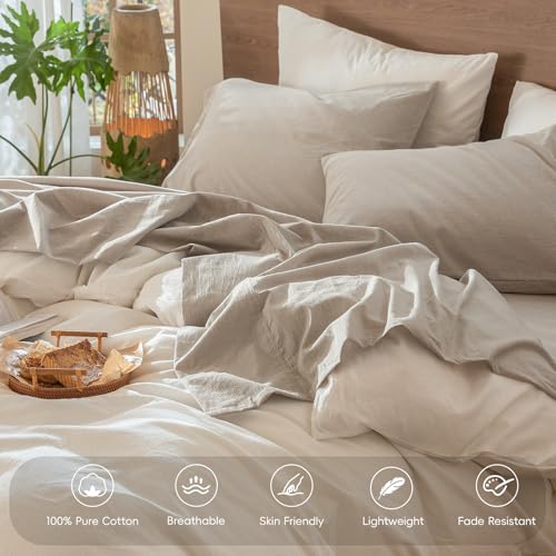 MooMee Bedding Sheet Set 100% Washed Cotton Linen Like Textured Breathable Durable Soft Comfy (Heathered Tannish Linen Grey, Twin) MooMee