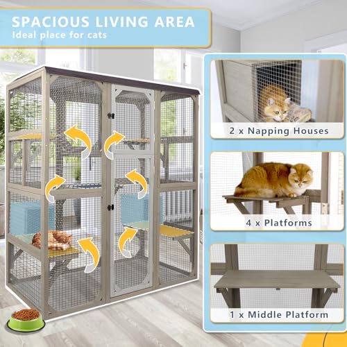 Ketive Catio Outdoor Cat Enclosure Cat Catio Cat House, Cat Cage Condo Indoor Playpen Kitty House Shelter with Multi Platforms, Waterproof Roof, Pull-Out Tray (59" L x 29.5" W x 67.7" H) - WoodArtSupply