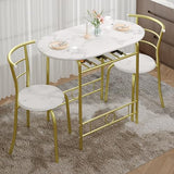 VECELO 3-Piece Dining Table Set for Kitchen Breakfast Nook, Wood Grain Oval Tabletop and Metal Frame with Built-in Wine Rack, for Small Spaces, White & Gold VECELO