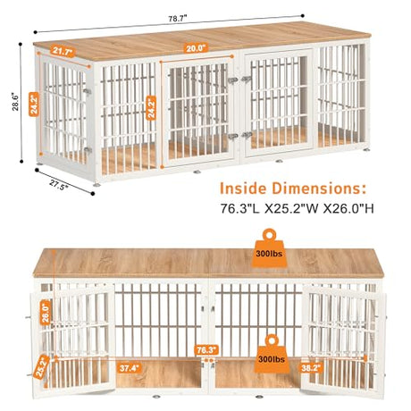 rehomerance 78 Inch Double Dog Crate Furniture, Heavy Duty Extra Large Cage Furniture with Divider for 2 Dogs, Decorative Wooden Kennel Indoor, Pet House for Large and Medium Dogs, White rehomerance