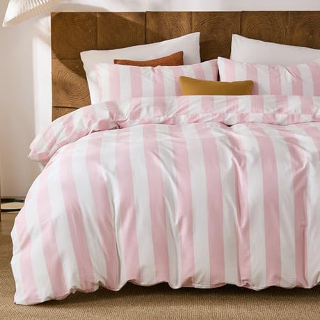 Merryword Pink and White Striped Duvet Cover Set King Size, 100% Cotton Bedding Set with Zipper Closure & 8 Corner Ties, Luxury Linen Like Bedding, Soft Breathable Comforter Cover for All Seasons Merryword