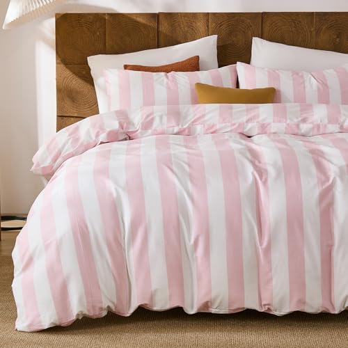 Merryword Pink and White Striped Duvet Cover Set Queen Size, 100% Cotton Bedding Set with Zipper Closure & 8 Corner Ties, Luxury Linen Like Bedding, Soft Breathable Comforter Cover for All Seasons Merryword