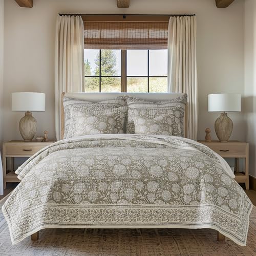 Levtex Home Adare Taupe Reversible Full/Queen Quilt Set (88x92in) and 2 Pillow Shams (26x20in) - Floral Bedding - Taupe White - Cotton Full/Queen Size Quilt Bedding Set - Lightweight, Soft, Pre-Washed Levtex Home