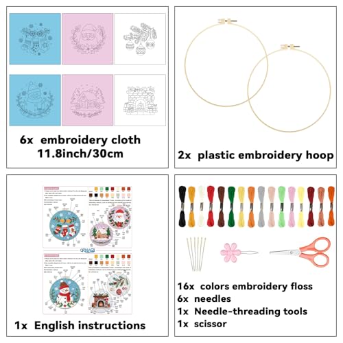 ORIGACH 6 Pcs Christmas Embroidery Kit for Beginners, Stamped Design Embroidery Starter Kit Includes Cloth, Hoops, Threads & Needles