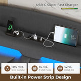 ADORNEVE Full Size Floating Bed Frame with RGB LED Lights and Charging Station, Upholstered Platform Bed Frame with Storage Shelf Headboard, Solid Wood Slats, Noise Free, Easy Assembly, Dark Grey ADORNEVE