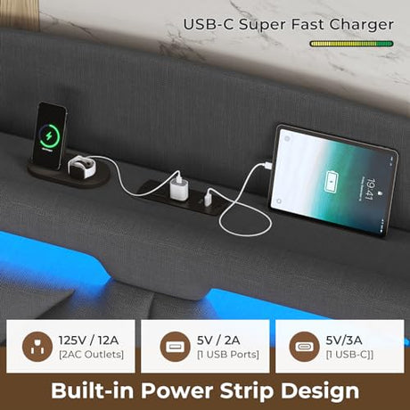 ADORNEVE Full Size Floating Bed Frame with RGB LED Lights and Charging Station, Upholstered Platform Bed Frame with Storage Shelf Headboard, Solid Wood Slats, Noise Free, Easy Assembly, Dark Grey ADORNEVE