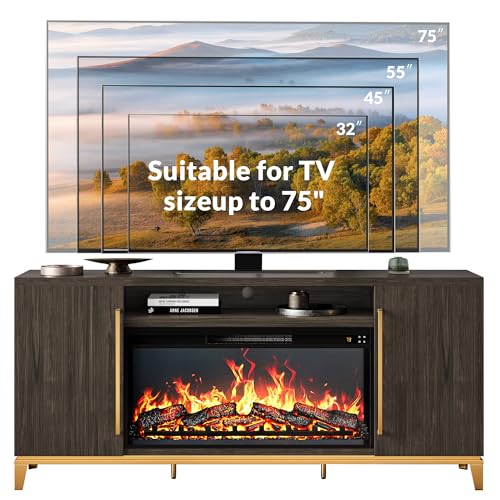 BELLEZE Fireplace TV Stand with 36" Electric Fireplace with Sound, Entertainment Center for TVs Up to 75", TV Console with Storage Cabinet and Open Shelf for Living Room, Bedroom-London (Dark Walnut) BELLEZE