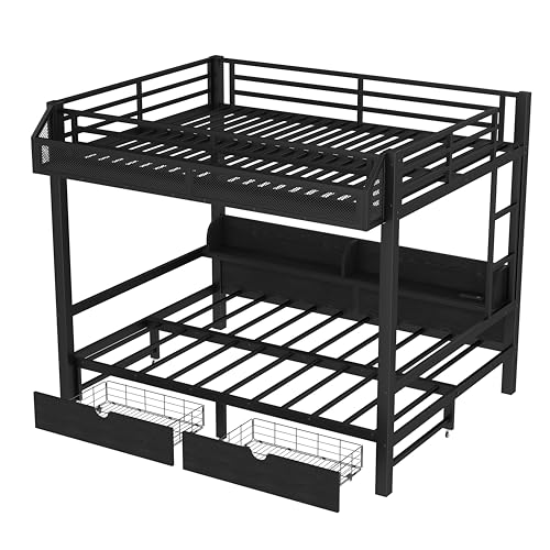 Bellemave Bunk Bed Queen Over Queen，Metal Bunk beds with Storage Shelves and Drawers USB Ports and LED Lights, Lower Bed That can be Converted into a Sofa, Black Bellemave