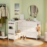 Simoretus Modern Corner Vanity Desk with 6 Fabric Drawers Power Outlet Side Pocket L Shaped Drawers Makeup Desk Dressing Table for Girls Women Bedroom (White) Simoretus