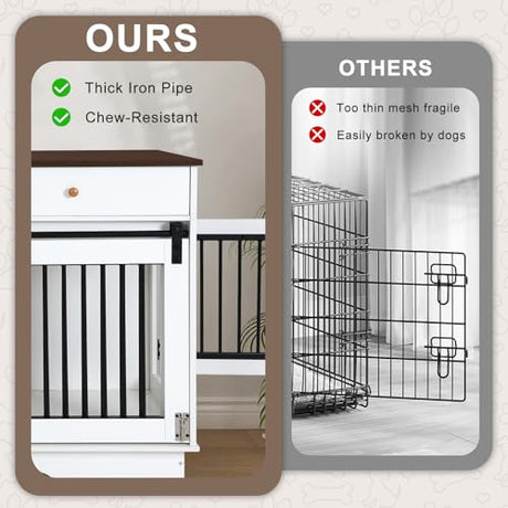 Dog Crate Furniture for 2 Dogs, Dog Kennel with 2 Storage Drawers & Divider, Large Double Dog Cage As TV Stand, Furniture Style Dog Crates with Sliding Barn Door (Brown & White) OUTDOOR DIAMOND