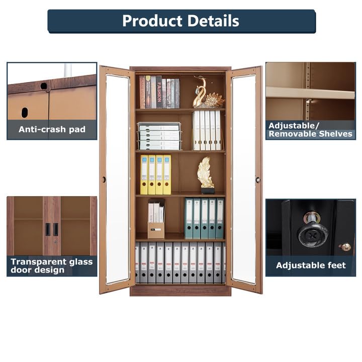 AFAIF 71" Tall Brown Metal Storage Cabinet with Glass Doors and Adjustable Shelves AFAIF