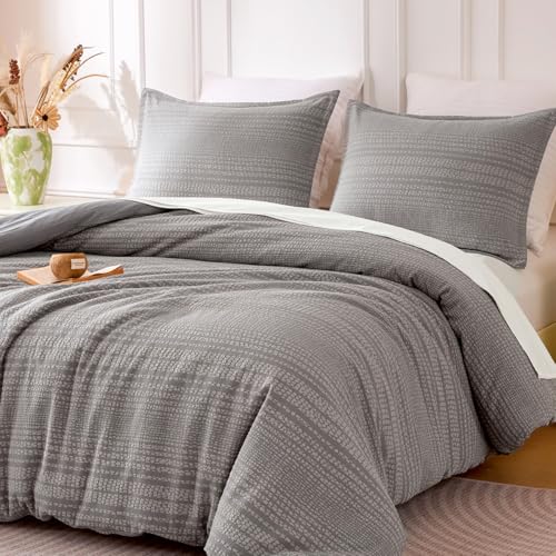 SLEEP ZONE Striped Duvet Cover Set Queen Size, 3 Pieces Boho Bedding Set for All Season 1 Durable and Soft Jacquard Duvet Cover with 2 Pillow Shams, 90"x90", Grey Striped SLEEP ZONE
