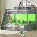 Twin over Full Bunk Bed with Storage Shelves, Wood Twin Bunk Beds with Ladder and Built-in Drawer, Multifunctional Bunk Bed Frame with Led Lights and Charging Station for Kids Girls Boys, Gray Harper & Bright Designs