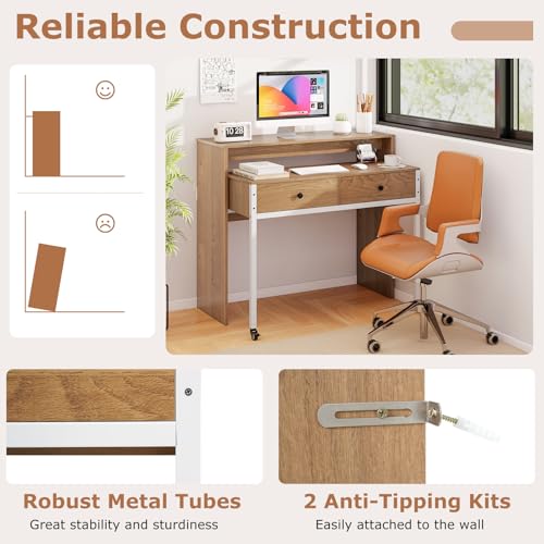 Tangkula Extendable Computer Desk with 2 Drawers, Small Writing Desk with Pull Out Secondary Desk, Console Table, Wood Study Workstation, Laptop Desk for Small Space Home & Office (Natural) Tangkula