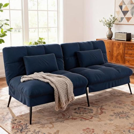 COMHOMA Convertible Sofa Bed,72″Fabric Couch with Adjustable Backrest,Loveseat Recliner Sleeper Living Room Furniture futon Set (Blue) COMHOMA