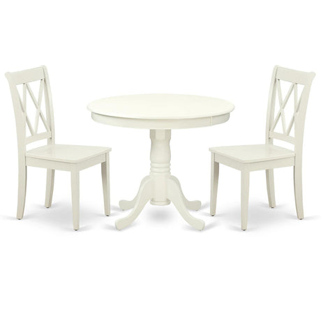 East West Furniture ANCL3-LWH-W Antique 3 Piece Kitchen Set for Small Spaces Contains a Round Dining Room Table with Pedestal and 2 Solid Wood Seat Chairs, 36x36 Inch East West Furniture