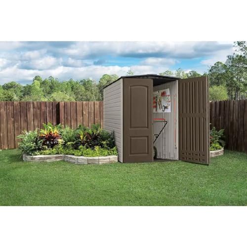 Rubbermaid Large Vertical Resin Outdoor Storage Shed With Floor (5 x 6 Ft), Weather Resistant, Brown, Organization for Home/Backyard/Garden Tools/Lawn Mower/Bike Storage/Pool Supplies Rubbermaid