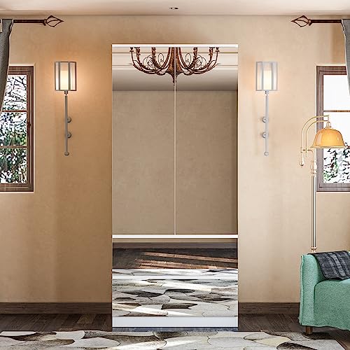 Hitow Mirror Wardrobe Armoire with Drawers, Wardrobe Armoire Closet with Glass Full Length Mirror Doors Drawers & Hanging Rod, Wood Wardrobe Clothes Storage Cabinet for Bedroom, White Hitow