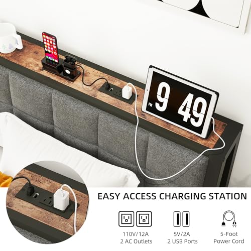 JUISSANO Twin Bed Frame with Wood Storage Headboard/USB Charging Station,Heavy Duty Metal Platform Bed Frames Twin Size No Box Spring Needed,Removable Bedside Shelf,Black and Rustic Brown JUISSANO