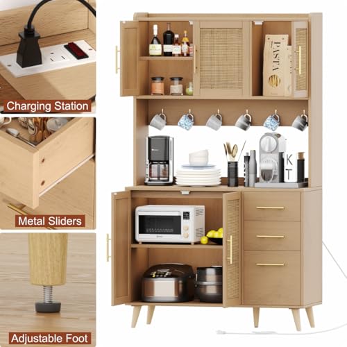 Rovaurx 70.9" Kitchen Pantry Cabinet with Microwave Shelf, Rattan Freestanding Storage Cabinet with Charging Station, Sideboard Buffet Cabinet with Drawers and Doors, Natural KBG002ME Rovaurx