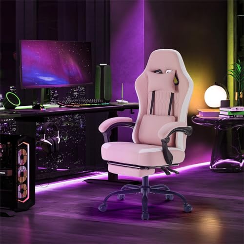 Sweetcrispy Computer Gaming Chair - High Back Ergonomic Desk Chair with Footrest and Lumbar Support, Height Adjustable Task Chair with Linkage Armrests and Headrest, 360° Swivel Wheels, Pink Sweetcrispy