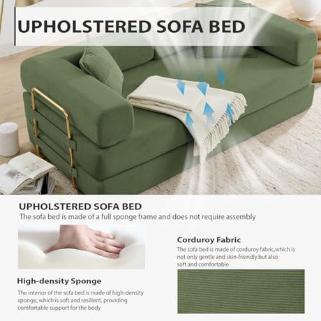 HANXIN 78 Inch Convertible Sleeper Sofa Bed, Folding Floor Mattress Couch with Fixed-Shape Frame, Futon Boneless Couch Lounge Loveseat with Pull Out Bed, No Assembly Required (Green) HANXIN