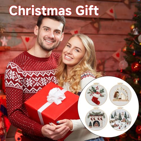 TPZBWG Christmas Embroidery Kit, 4 Pack Cross Stitch Kits,DIY Embroidery Starter Kit for Adults & Beginners, DIY Needlepoint Kit with Embroidery Hoop Thread Needle for Craft Lover Birthday Gifts 2 TPZBWG