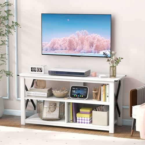 Tangkula Wood TV Stand with Open Shelves and X-shaped Frame, 3 Tier Entertainment Center for 55-Inch TV, Farmhouse TV Console Table, Open TV Stands for Living Room Bedroom (White) Tangkula