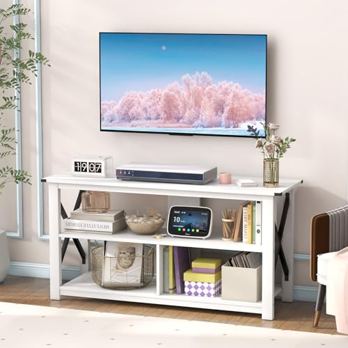 Tangkula Wood TV Stand with Open Shelves and X-shaped Frame, 3 Tier Entertainment Center for 55-Inch TV, Farmhouse TV Console Table, Open TV Stands for Living Room Bedroom (White) - WoodArtSupply