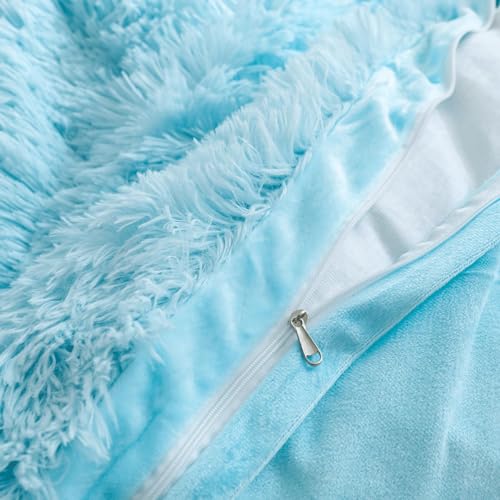 HAIHUA Plush Blue Comforter Cover Twin Set, Furry Blue Girls Twin Bedding Set 2 Pieces (1 Shaggy Duvet Cover + 1 Faux Fur Plush Pillow Cases) Girls Fuzzy Bed Set, Fluffy Bed Set, Zipper Closure HAIHUA