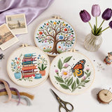 3 Sets Embroidery Kit for Beginners with Stitch Video, Flower Butterfly Tree Books Cross Stitch Kits for Adults, Needle Point Kits with Stamped Pattern, Hoop, Needles, Tools, DIY Arts and Crafts