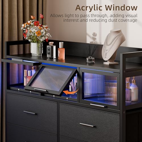 Lulive 9-Drawer Dresser & Chest of Drawers with LED Lights, Power Outlets & Acrylic Window - Modern Storage Organizer for Bedroom, Living Room, Closet (Black) Lulive