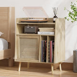 Large Record Player Stand with Open Shelf Storage Cabinet, Vinyl Record Storage Side Table with Rattan Magazine Rack, Turntable Stand Vinyl Record Holder with Solid Wood Legs for Living Room, Bedroom Mino Kesper