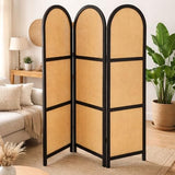 ELK & ELDER 3-Panel Room Divider | Folding Privacy Screen with Arched Dark Wood Frames and Light Woven Panels | Portable Divider for Home,Office, Living Room, Bedroom | 66" H x 56" W |Dark Wood/Beige ELK & ELDER