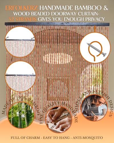 Erfolkerz 52 Strands Beaded Curtain for Doorways -35.4"x79"- Handmade Natural Beaded Curtains，Boho Doorway Wood and Bamboo Bead Curtain-As Insect Screen/Room Divider-Brown Erfolkerz